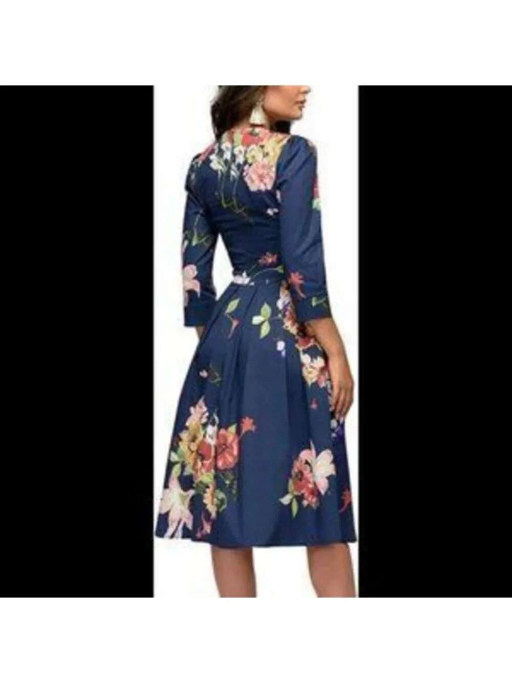 Women's Floral Vintage Dress Elegant Midi Evening Dress 3/4 Sleeves - Picture 3 of 5